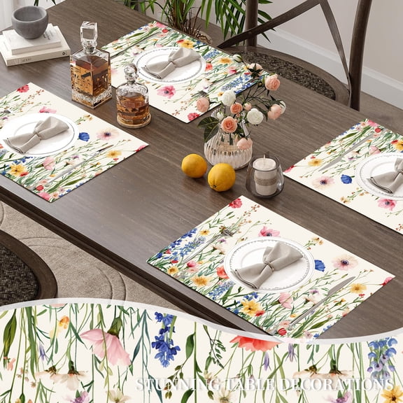 MIZHONA Spring Pink Floral Placemats Set of 4,Flowers Linen Table Mats 12"W x 18"L