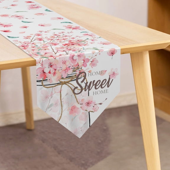 MIZHONA Pink Floral Table Runner Spring Peach Flowers Dining Runner for Kitchen Table Decorations 13 x 72 Inch