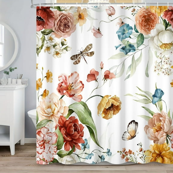 MIZHONA Spring Floral with Butterfly Shower Curtain Flowers Bathroom Fabric Curtains 72"W x 72"L