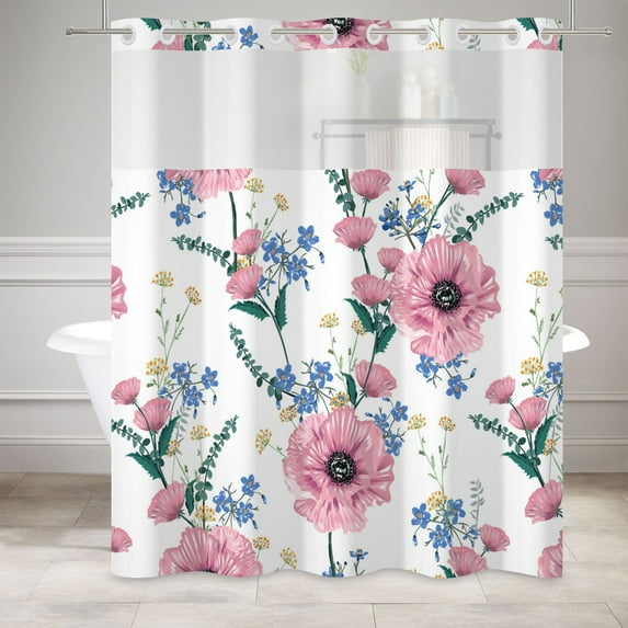 MIZHONA Pink Shower Curtain with Snap in Liner,Rustic Blue Flower No Hook Fabric Bathroom Curtain,71"× 74"