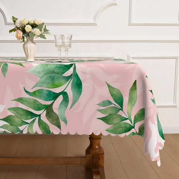 MIZHONA Pink and Green Rectangle Tablecloth,Leaves Table Cloth for Kitchen Dinner Decor,60"x84"