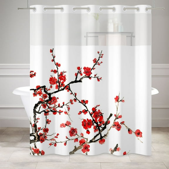 MIZHONA Red Floral Shower Curtain with Snap in Liner，Red and White Fabric Bathroom Curtain,71"× 74"