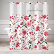 MIZHONA Red Shower Curtain with Snap in Liner,Spring Pink Floral Fabric Bathroom Curtain,71"× 74"