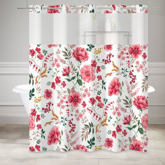 MIZHONA Red Shower Curtain with Snap in Liner,Spring Pink Floral Fabric Bathroom Curtain,71"× 74"