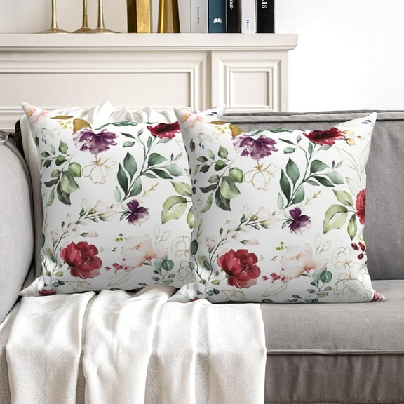 MIZHONA Red White Floral Pillow Covers Soft Country Pillow Case for Couch Cushion Living Room,20"x20"