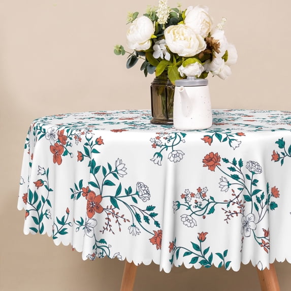 MIZHONA Red and Green Tablecloth Round,Vintage Floral Table Cloth for Round Table,Kitchen Party Outdoor Decor,72"