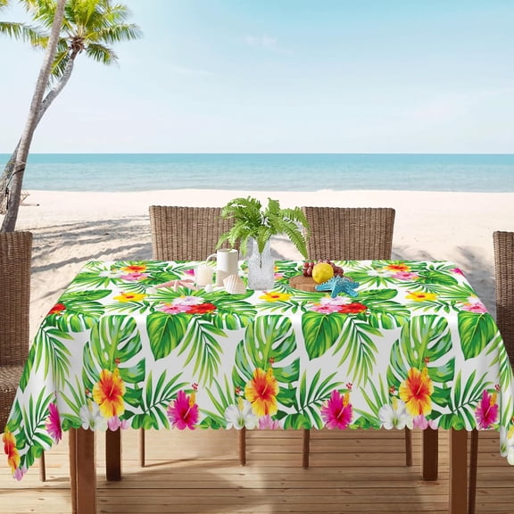 MIZHONA Summer Tropical Tablecloth Rectangle 84 inch Green Palm Plants Leaves Table Cloth for Outdoor Beach Party Decor