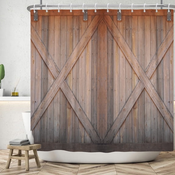 MIZHONA Rustic Barn Shower Curtain,Wooden Country Shower Curtain for Bathroom 60Wx72L Inch Fabric Bath Curtains