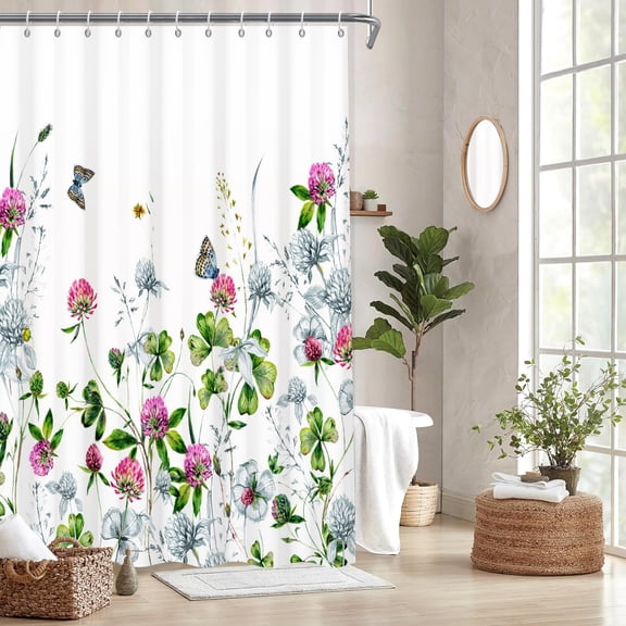 MIZHONA Spring Floral Shower Curtain Butterfly with Plants Fabric Bathroom Curtain Set,72x72