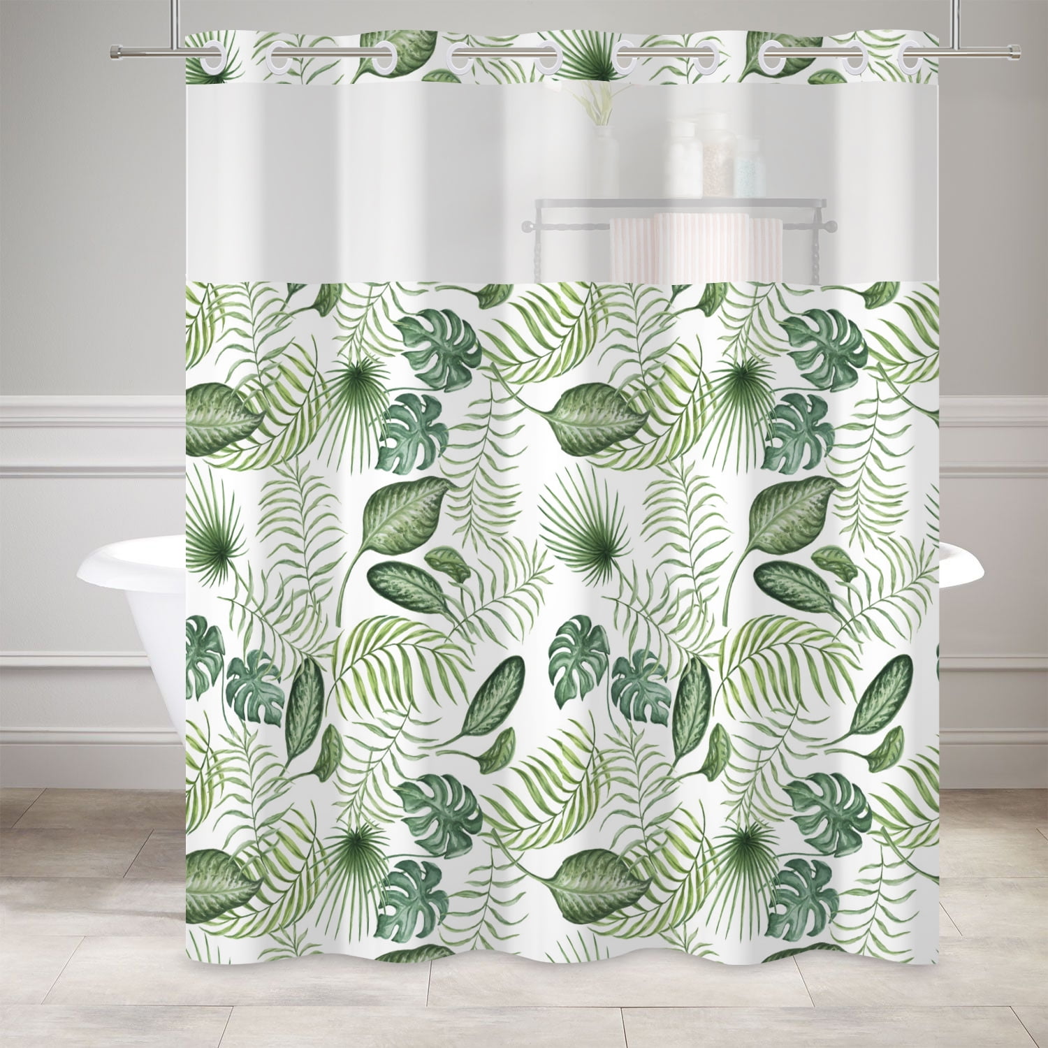 MIZHONA Sage Green Shower Curtain with Snap in Liner,Plants Leaves ...