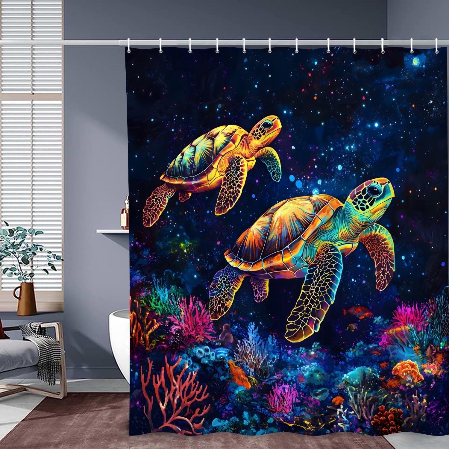 MIZHONA Sea Turtle Shower Curtain Blacklight Ocean Coastal Waterproof Fabric Bathroom Curtain 72x78 in