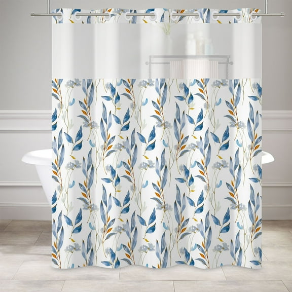 MIZHONA Spring Blue Plants No Hooks Shower Curtains with Snap in Liner Rustic Floral Leaves Fabric Bathroom Curtain,71"× 74"