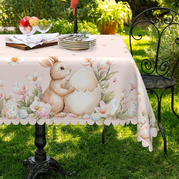 MIZHONA Spring Easter Pink Rectangle Tablecloth Happy Easter Rabbits and Eggs Dining Table Cloth Waterproof 60"x120"