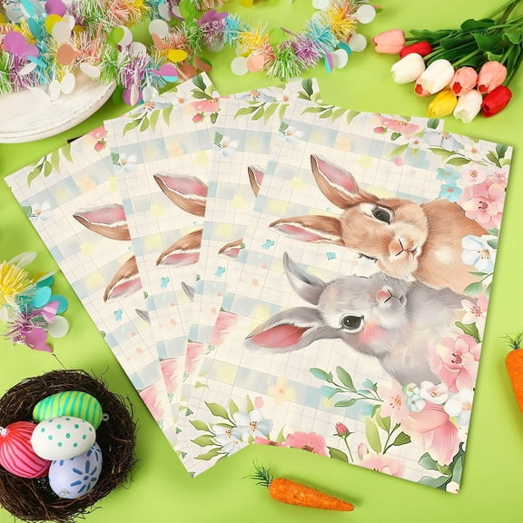 MIZHONA Spring Easter Placemats Set of 4,Happy Easter Funny Rabbit Floral Table Place Mats 12x18 inch