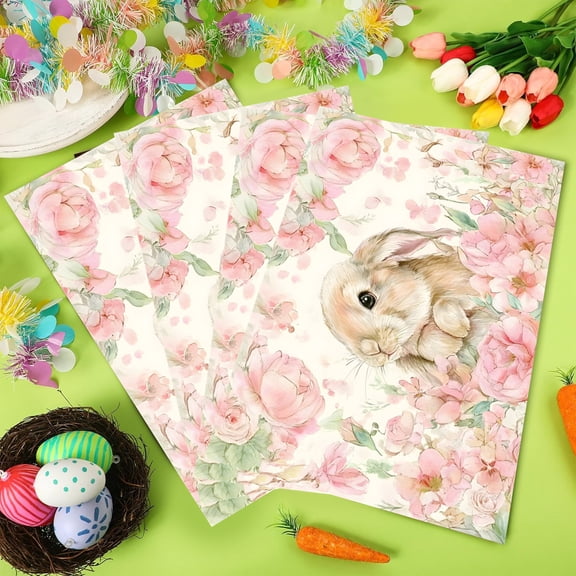 MIZHONA Spring Easter Placemats Set of 4,Happy Easter Funny Rabbit Pink Floral Table Decoration 12x18 inch