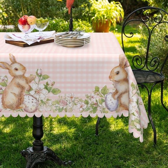 MIZHONA Spring Easter Rectangle Tablecloth Happy Easter Rabbits and Eggs Pink Checkered Dining Table Cloth