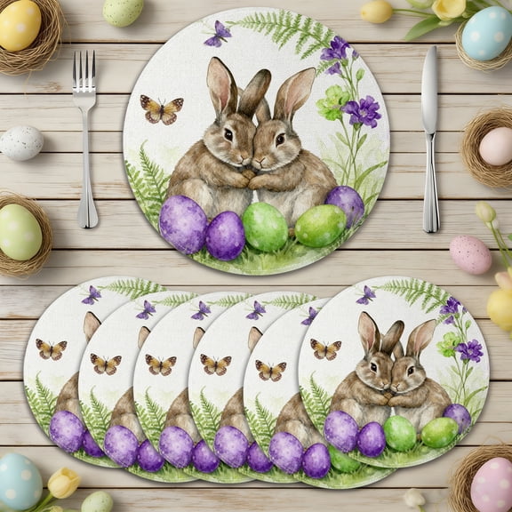 MIZHONA Spring Easter Round Placemats Set of 6,Happy Easter Funny Rabbit Eggs Table Place Mats 14 inch