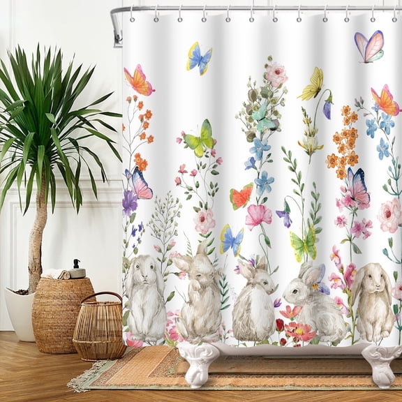MIZHONA Spring Easter Shower Curtain Floral with Butterfly Fabric Bathroom Curtain 72x72 in