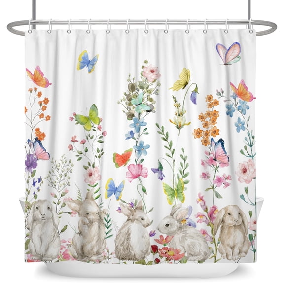 MIZHONA Spring Easter Shower Curtain Floral Flowers with Butterfly Polyester Shower Curtains, 72x78 Washable