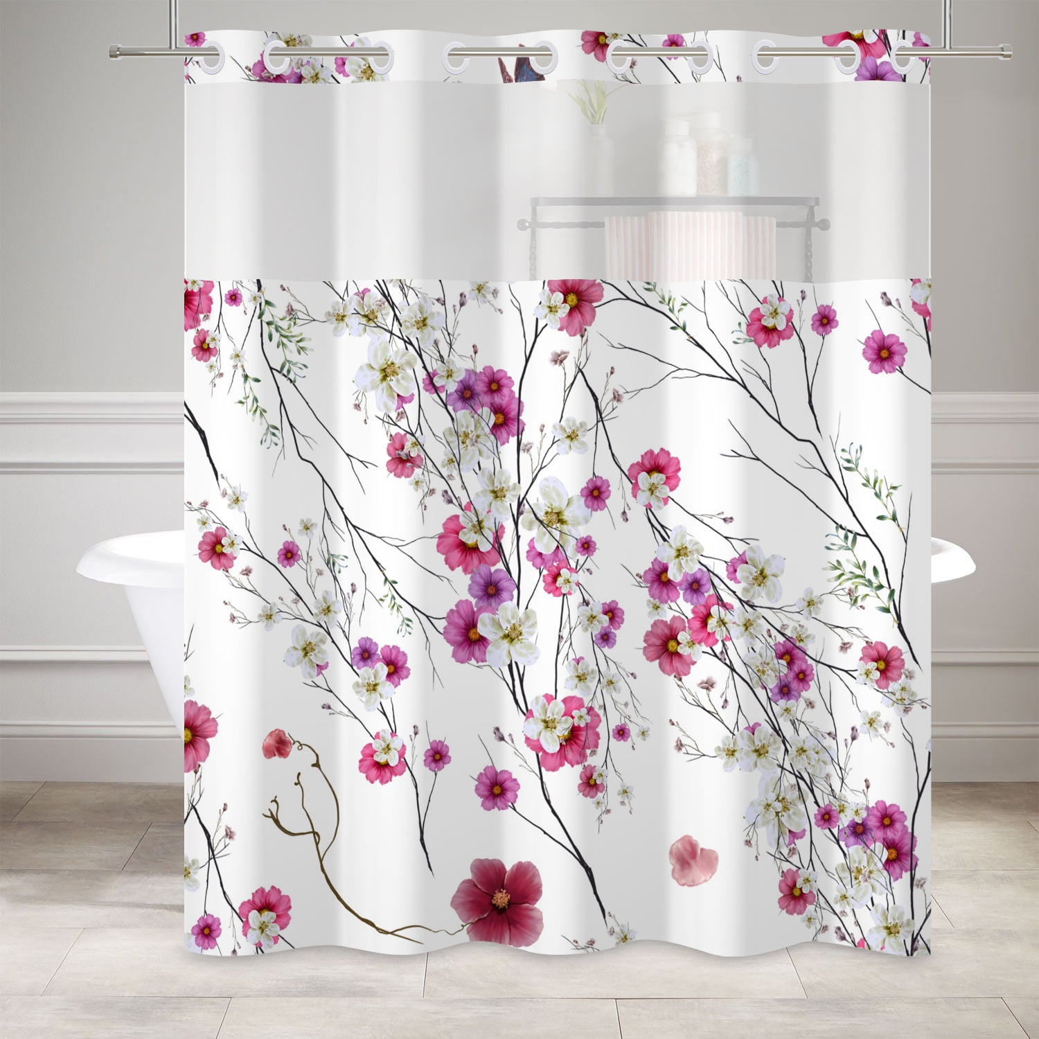 MIZHONA Spring Floral No Hook Shower Curtains with Snap in Liner ...