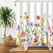 MIZHONA Spring Floral Shower Curtain Butterfly with Flowers Fabric Bathroom Curtain 72x72 in