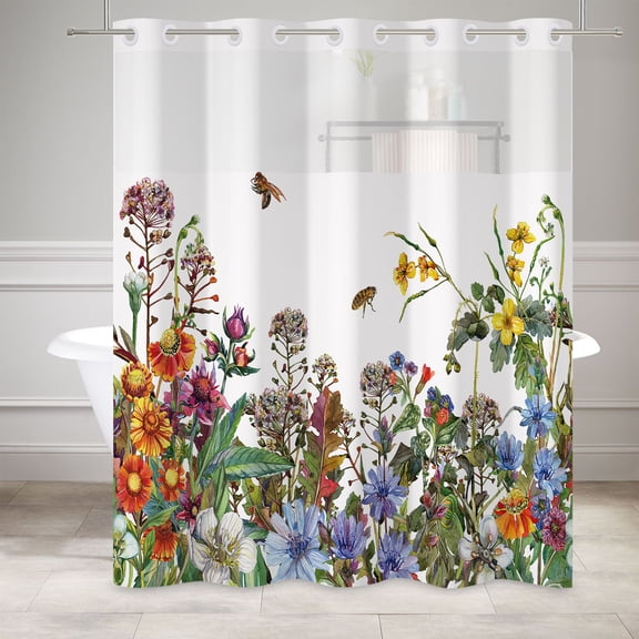 MIZHONA Spring Shower Curtain with Snap in Liner，Watercolor Plants No Hook Fabric Bathroom Curtain,71"× 83"