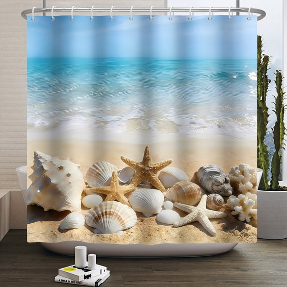 MIZHONA Summer Beach Shell Shower Curtain Coastal Bathroom Curtain Decor with Hooks 72"W x 72"L