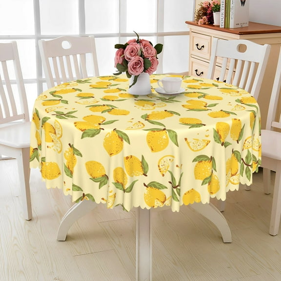 MIZHONA Summer Lemon Round Tablecloth,Yellow Table Cloth for Kitchen Dinning Party Outdoor Decor,72"