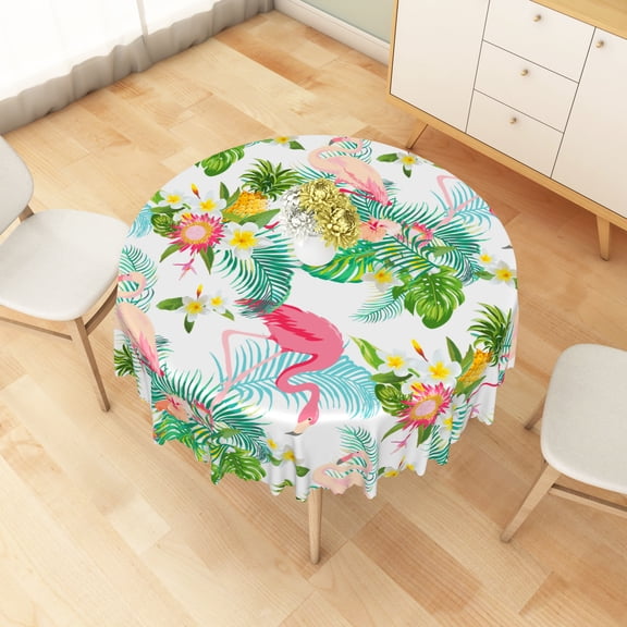 MIZHONA Summer Palm Leaves Round Tablecloth,Pink Flamingo Table Cloth for Kitchen Dinning Party Decor,60"