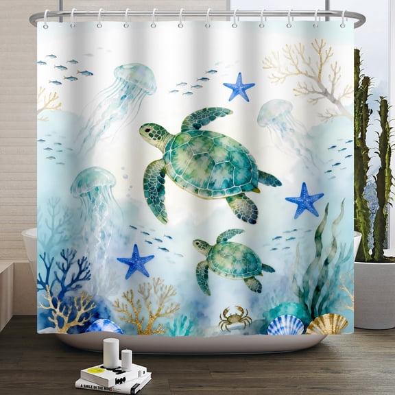 MIZHONA Summer Sea Turtle Shower Curtain Ocean Nautical Coastal Bathroom Curtain Decor with Hooks 47"W x 64"L