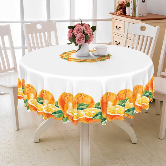 MIZHONA Summer Theme Round Tablecloth,Fruits Orange Table Cloth for Kitchen Dinning Party Outdoor Decor，60"