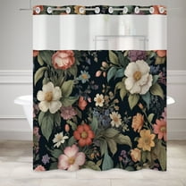 MIZHONA Vintage Shower Curtain with Snap in Liner,Black Floral Fabric Bathroom Curtain,71"× 74"