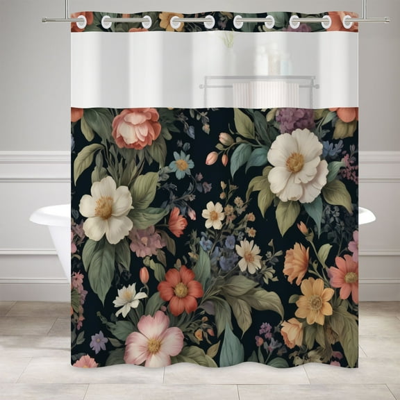 MIZHONA Vintage Shower Curtain with Snap in Liner,Black Floral Fabric Bathroom Curtain,71"× 74"