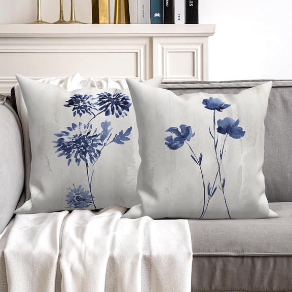 MIZHONA Blue Floral Pillow Covers Set of 2,Flower Throw Pillowcase for Couch Sofa Living Room Bed,18x18 Inch