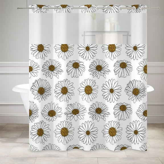 MIZHONA White Floral Shower Curtain with Snap in Liner,Dasiy Flower Fabric Bathroom Curtain,71"× 74"
