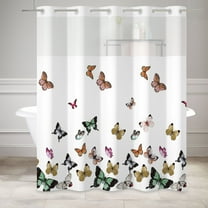 MIZHONA White No Hook Shower Curtain with Snap in Liner，Butterfly Fabric Shower Curtain,71"× 74"