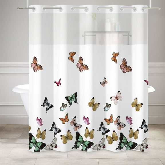 MIZHONA White No Hook Shower Curtain with Snap in Liner,Butterfly Fabric Shower Curtain,71"× 74"