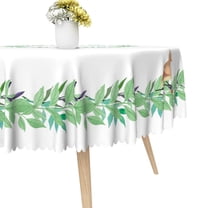 MIZHONA White Round Tablecloth,Green Leaves and Bird Table Cloth for Kitchen Party Outdoor Decor,60"