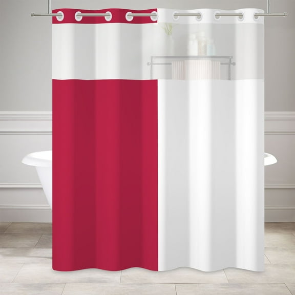 MIZHONA White Shower Curtain with Snap in Liner，Red and White No Hook Fabric Bathroom Curtain,71"× 71"