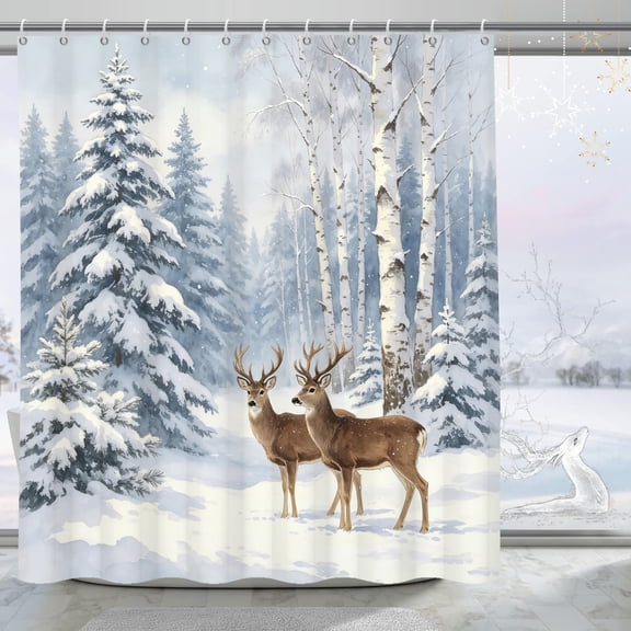 MIZHONA Winter Christmas Deer Shower Curtain Snow Forest woodland Fabric Bathroom Curtains Decor with Hooks 72x72 in