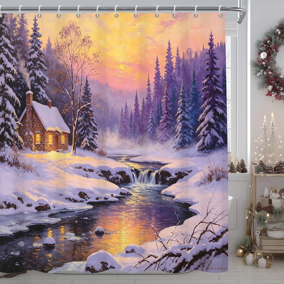 MIZHONA Winter Forest Shower Curtain Christmas Snow Fabric Shower Curtains for Bathroom Curtain Decor 72x72 in