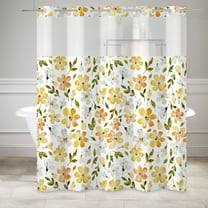 MIZHONA Yellow Shower Curtain with Snap in Liner，Rustic Floral No Hook Fabric Bathroom Curtain,71"× 74"