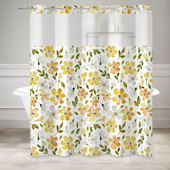 MIZHONA Yellow Shower Curtain with Snap in Liner，Rustic Floral No Hook Fabric Bathroom Curtain,71"× 74"