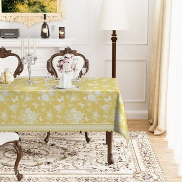 MIZHONA Yellow Tablecloths Rectangle 170GSM ,White Floral Butterfly Table Cloth for Kitchen Dinner Decor,60"x84"