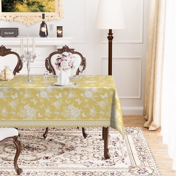 MIZHONA Retro Yellow Tablecloths Rectangle Vintage French Floral Print Table Cover for Kitchen Dinner Decor,60"x84"