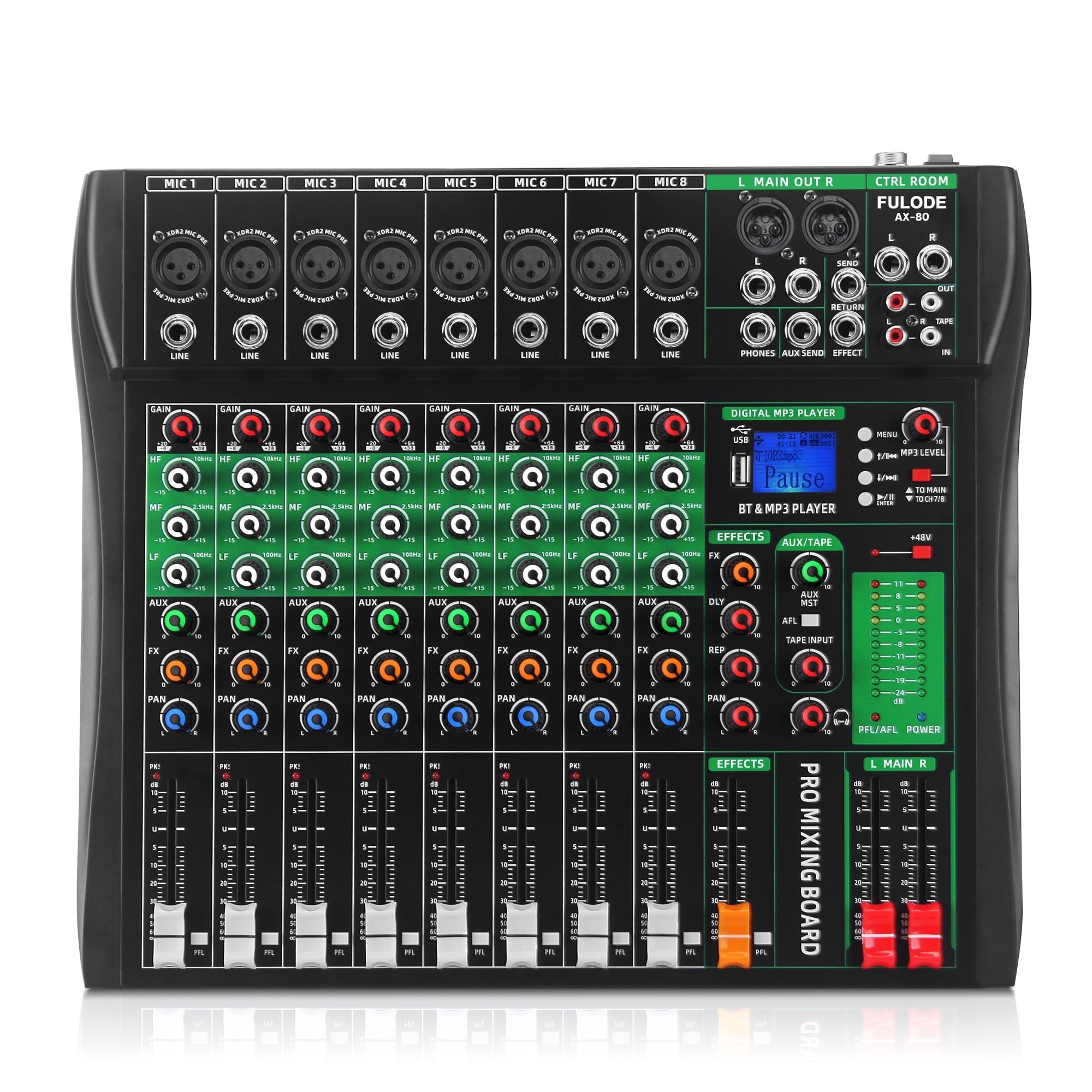 FULODE Audio Mixer 8 Channel Digital Mixer, Professional Bluetooth Sound Board DJ Mixers with 48V Phantom Power, USB Interface Stereo Mixing Console Analog Mixer for Karaoke Podcasting (AX-80)