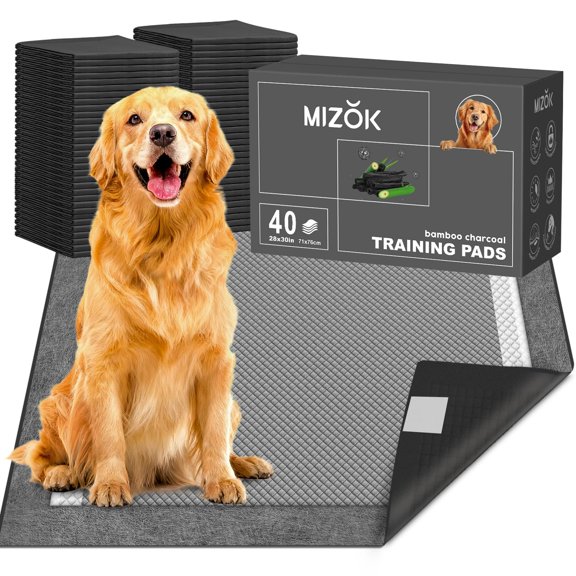 MIZOK Pee Pads for Dogs Charcoal, 28"x30" Large Wee Wee Pads for Dogs, Superior Odor Protection, Super Absorbent & Leak-Proof, Puppy Pads with Adhesive Tabs, Thick & Heavy (40 Counts)