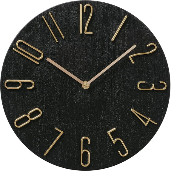 MId-Century Modern Wall Clock, Quartz Movement, Black with Gold Numerals and Hands, 11.75 D x 1.5 H inches, .5 lbs. (30 D x 3.5 H cm, 260 grams)