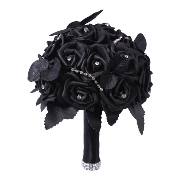 MInHoues 10.6 Inch Gothic Artificial Black Rose Bride Bouquet, Spooky Dark Faux Flower Handheld Wedding Bouquet, Halloween Dark Theme Bridal Holding Flower with Rhinestone/Skull Feather Decor