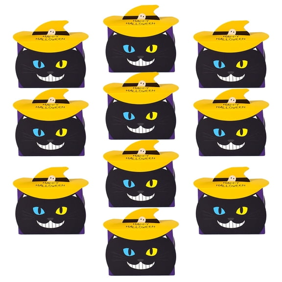 MInHoues 10 Pack Black Cat Witch Hat Halloween Candy Boxes,4 Inch Yellow Foldable Cartoon Paper Snack Gift Containers for Holiday Party Favor Packaging